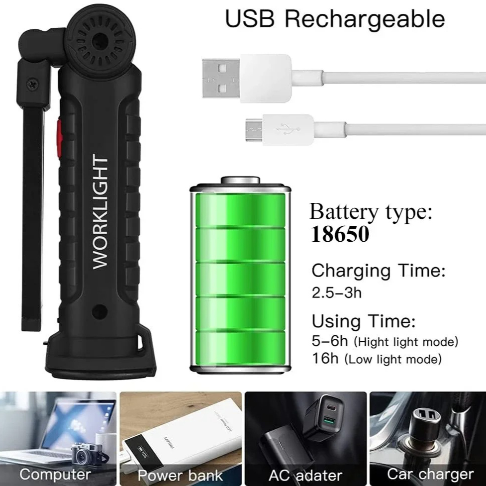 ポータブル COB LED 懐中電灯 USB 充電式ワークラ - Outdoor Adventures のレビューと価格